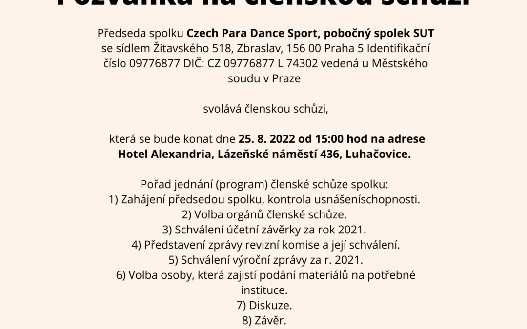 Pozvánka na členskou schůzi – Czech Para Dance Sport, pobočný spolek SUT